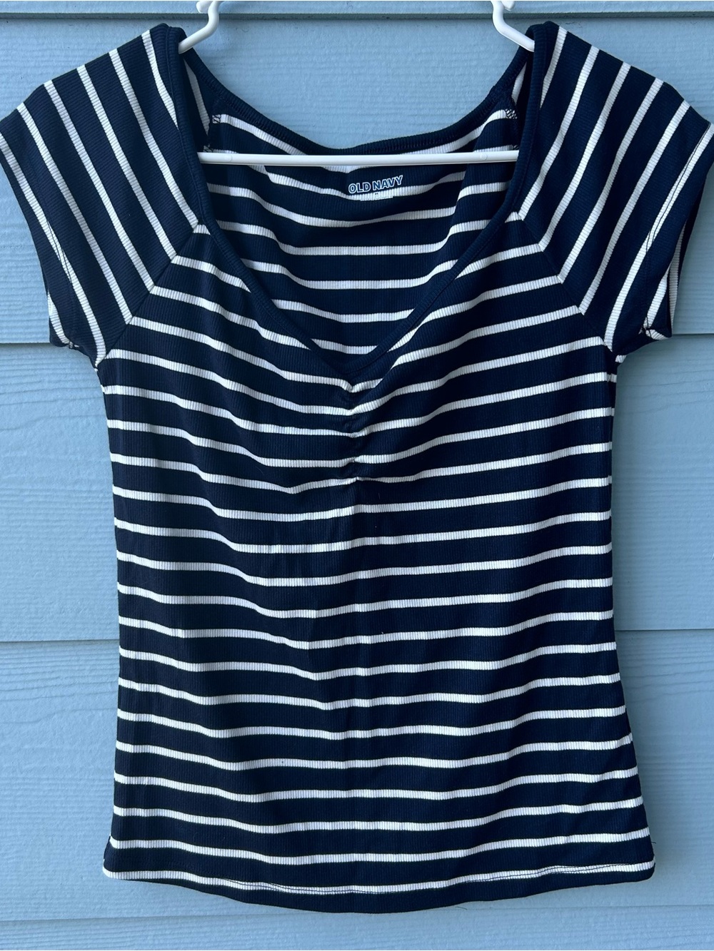 Old Navy Navy and White Striped Sweetheart Neck Short Sleeve Top